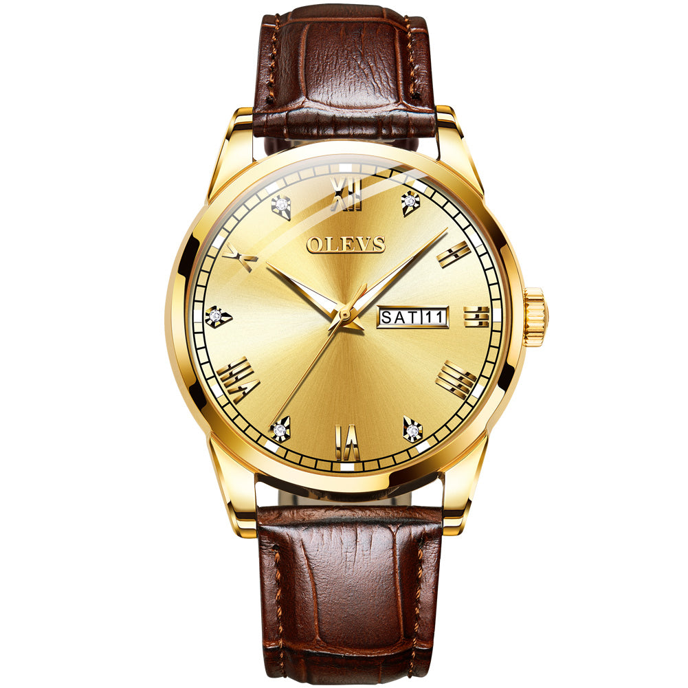 Olevs Classic Nobel 39 Leather Men Quartz Watch - Gold