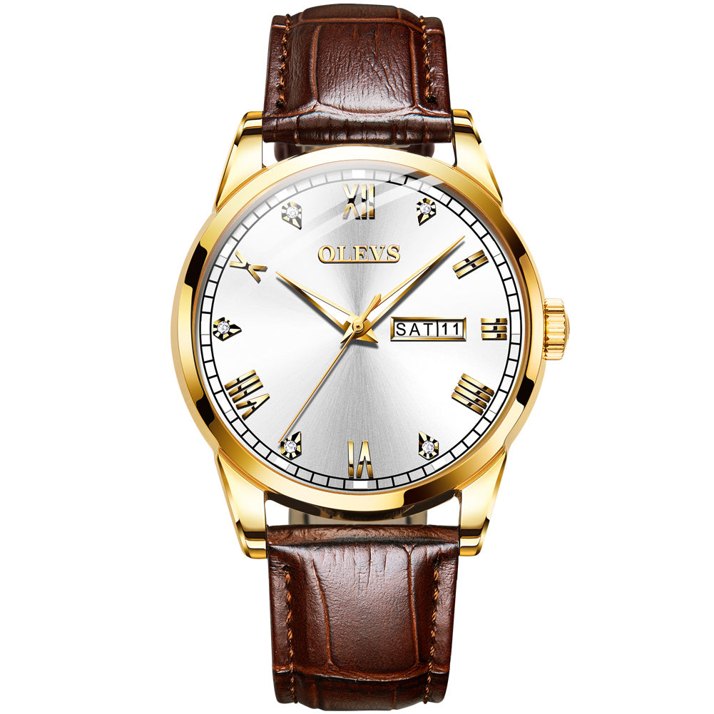 Olevs Classic Nobel 39 Leather Men Quartz Watch - White