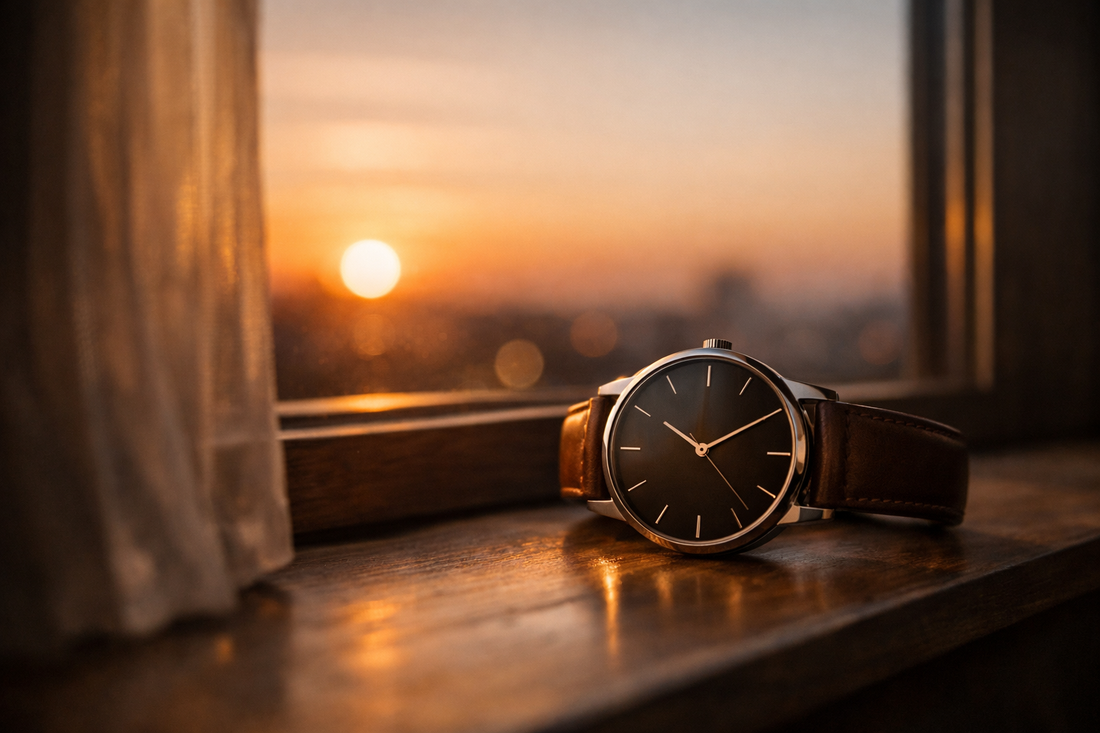A minimalist watch at sunset symbolising reflection and the passage of time at the end of 2025