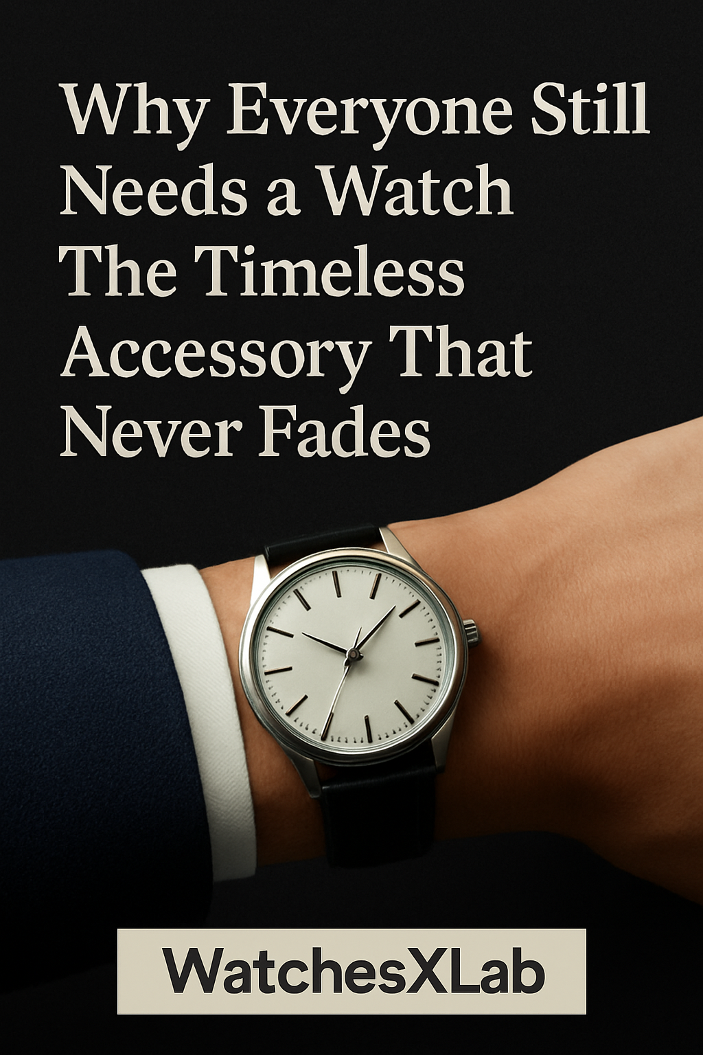 Minimalist silver wristwatch with black leather strap on a person’s wrist, representing timeless elegance and the enduring importance of wearing a watch.