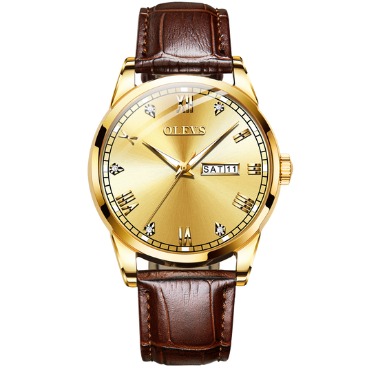 Olevs Classic Nobel 39 Leather Men Quartz Watch - Gold