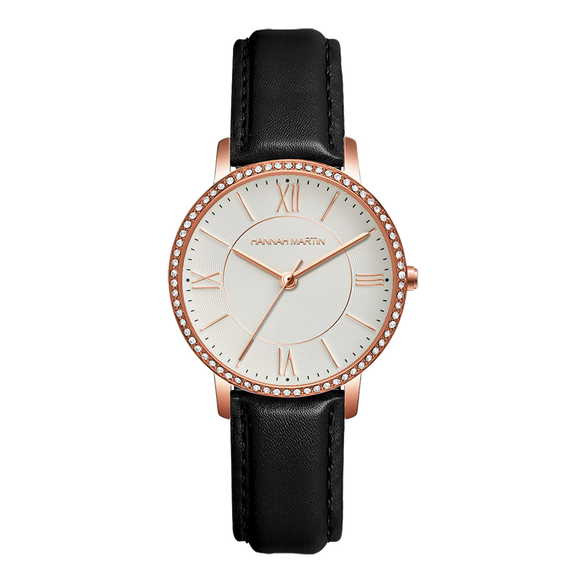 Hannah Martin Crystal Roman Marker Rose Gold with Black Strap