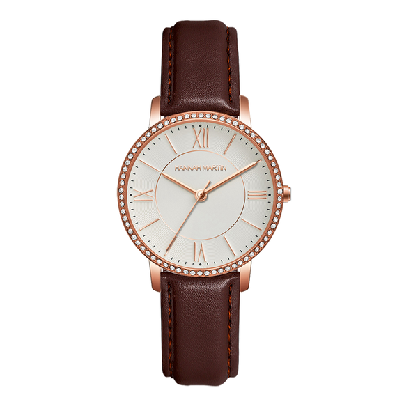 Hannah Martin Crystal Roman Marker Rose Gold with Brown Strap