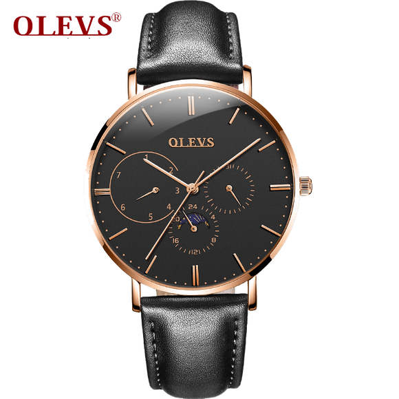 Olevs Astronaut Leather Quartz Watch - Black